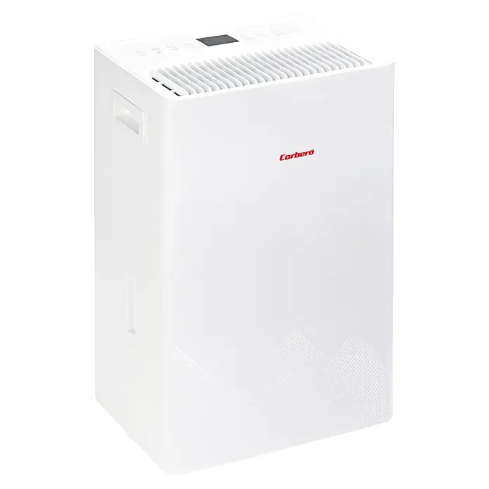 Corberó Deshumidificador eléctrico CDG20 - 380 W, Potencia de deshumidificación: 20 l/día, L x An x Al: 23,5 x 31 x 50 cm, Blanco - Deshumidificador blanco Corberó con pantalla digital y asa para fácil transporte, diseñado para mejorar la calidad del aire.