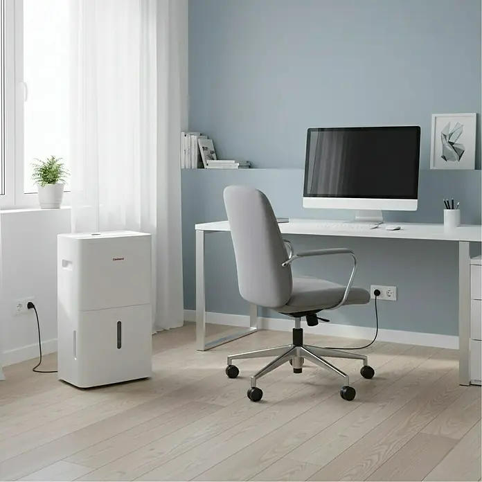 Corberó Deshumidificador eléctrico CDG30 - 410 W, Potencia de deshumidificación: 30 l/día, L x An x Al: 23 x 31,5 x 59 cm, Blanco - Un deshumidificador blanco de Costway se encuentra en una oficina luminosa cerca de una ventana y un escritorio.