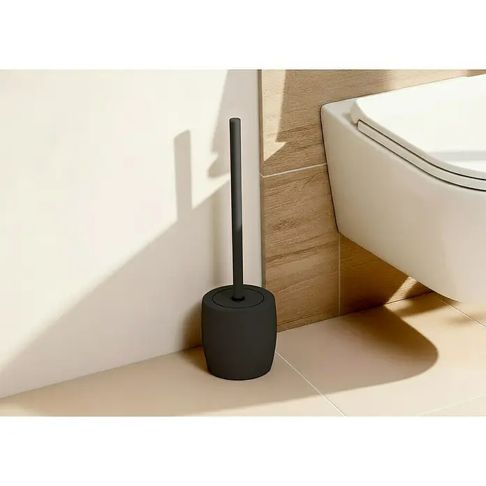 Venus Flakoni WC-Bürstengarnitur - Polyresin, Schwarz - Eine moderne, matte, anthrazitfarbene WC-Garnitur mit Bürste und Behälter steht in einem Badezimmer. Das Set ist minimalistisch und stilvoll.