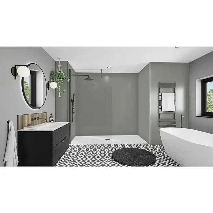 Wetwall Wandpaneel Alloy - 122 x 244 cm, Seafoam Green / Battleship Grey - Elegantes Badezimmerdesign mit runden Spiegeln, moderner Dusche und freistehender Badewanne. Stilvolle Badmöbel und Fliesenmuster runden das Gesamtbild ab.