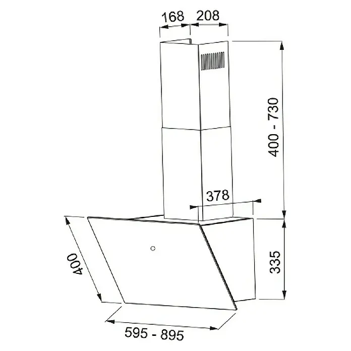 Mepamsa Campana decorativa Cuadro - Ancho: 60 cm, 580 m³/h, Blanco - Dimensiones de la campana extractora con un ancho de 595-895mm, una altura de 400-730mm y una profundidad de 378mm.