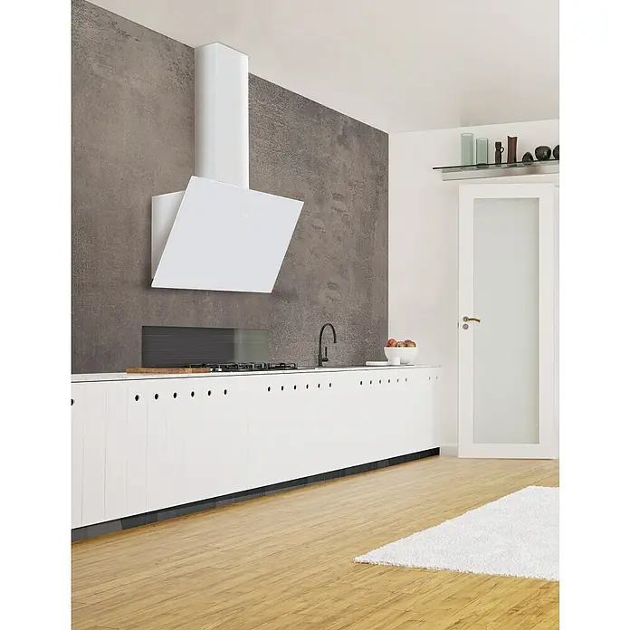 Mepamsa Campana decorativa Cuadro - Ancho: 60 cm, 580 m³/h, Blanco - Foto de cocina enfocada en la moderna campana extractora blanca contra una pared gris. Diseño luminoso y minimalista.
