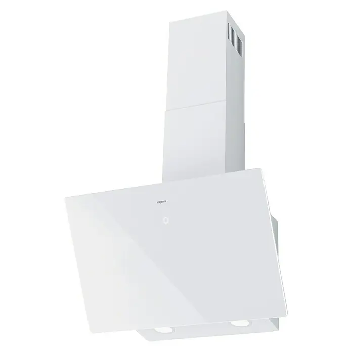 Mepamsa Campana decorativa Cuadro - Ancho: 60 cm, 580 m³/h, Blanco - Primer plano de una campana extractora blanca moderna. El aparato presenta un frontal de vidrio elegante e iluminación integrada.