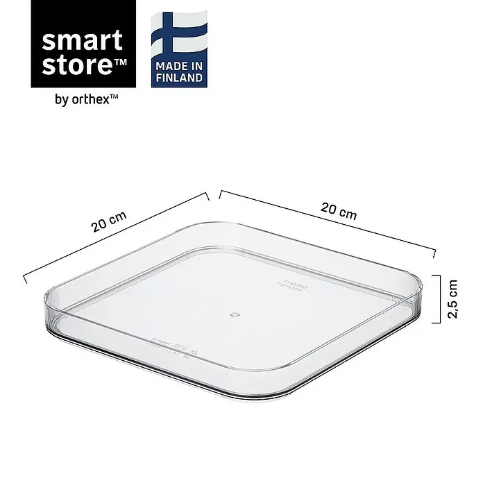 Deckel Compact Sqare - L x B x H: 20 x 20 x 2,5 cm, Transparent - Bild einer transparenten SmartStore™ Aufbewahrungsbox aus Finnland mit den Maßen 20 x 20 x 2,5 cm, ideal für die Organisation von Gegenständen.