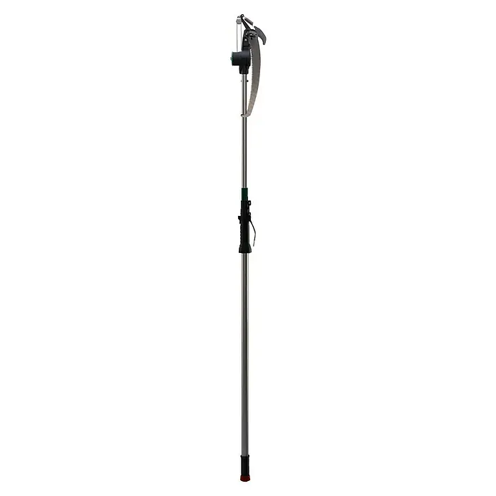 Gardol Teleskop-Astschere GDB32 Comfort - Längenverstellung: 199 cm - 275 cm, Schneidsystem Gartenschere: Bypass - Nahaufnahme eines höhenverstellbaren Stativs mit silberner Stange und schwarzer Halterung. Geeignet für Kameras oder Beleuchtung.