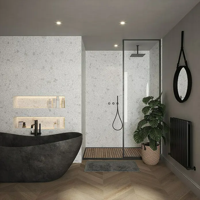 Wetwall Wandpaneel Elite - 16 x 242 cm, Terrazzo White, Abgerundete Kante - Elegantes Badezimmer mit freistehender Badewanne, begehbarer Dusche und stilvollen Akzenten in Schwarz, Grau und Holz.