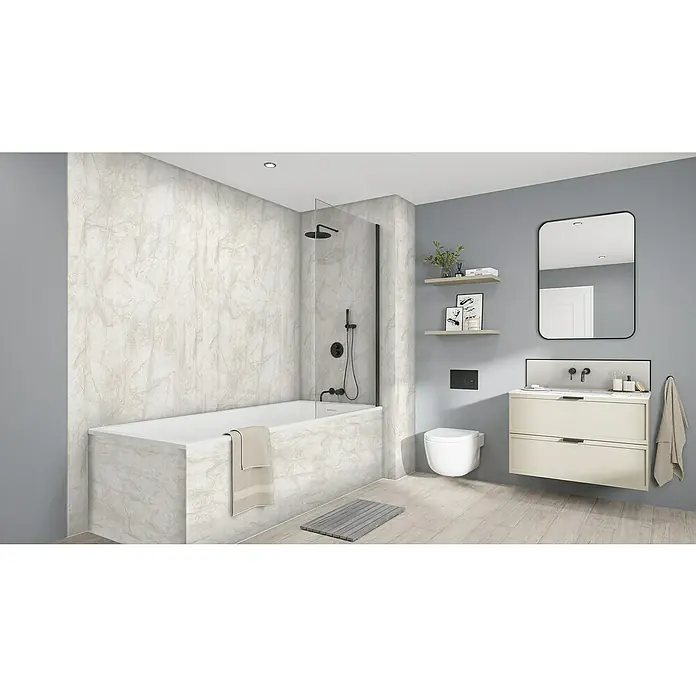 Wetwall Wandpaneel Elite - 16 x 242 cm, Himalayan Marble, Abgerundete Kante - Badezimmer mit Badewanne und Waschtisch.