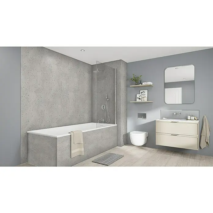 Wetwall Wandpaneel Elite - 16 x 242 cm, Pewter Terrazzo, Abgerundete Kante - Ein modernes Badezimmer mit grauen Betonwänden, einer weißen Badewanne und einem Waschtisch mit zwei Schubladen.