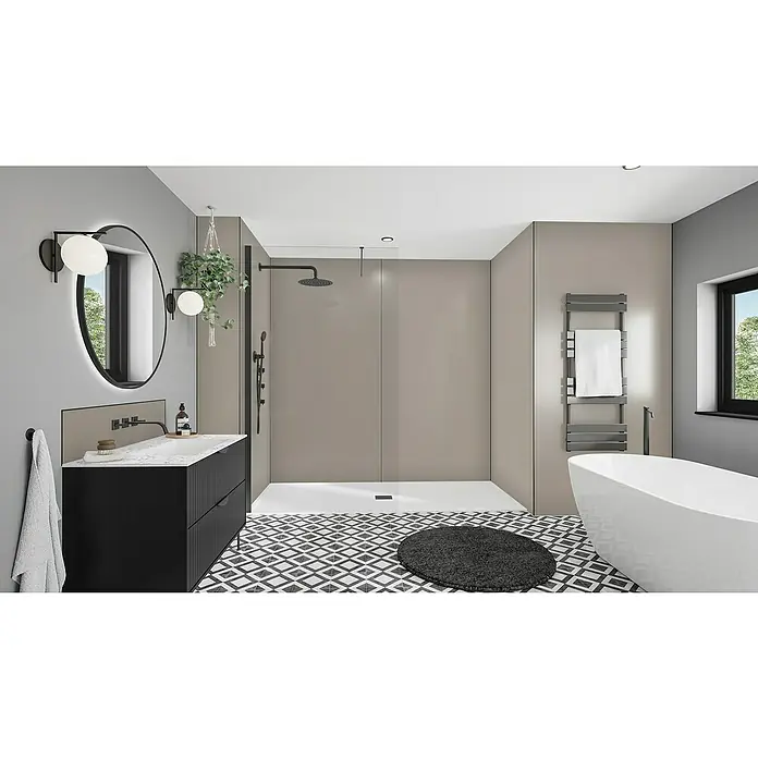 Wetwall Wandpaneel Alloy - 60 x 244 cm, Terra Grey / Seabreeze Green - Modernes Badezimmerdesign mit schwarzem Waschtisch, runden Spiegeln mit Beleuchtung und einer ebenerdigen Dusche.