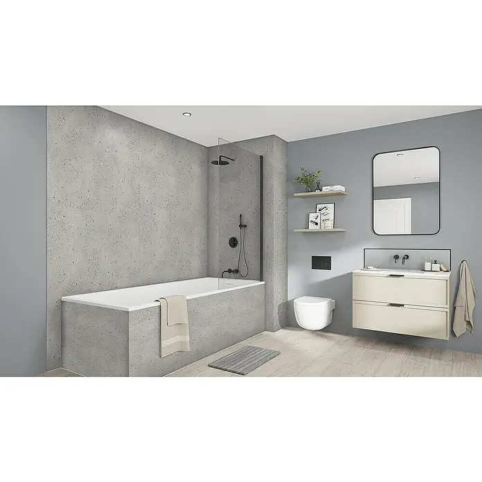 Wetwall Wandpaneel Elite - 16 x 242 cm, Pewter Terrazzo, Abgerundete Kante - Moderne Badezimmeransicht mit Badewanne, Waschtisch und Toilette in Grau- und Beigetönen, akzentuiert durch schwarze Armaturen und minimalistisches Design.