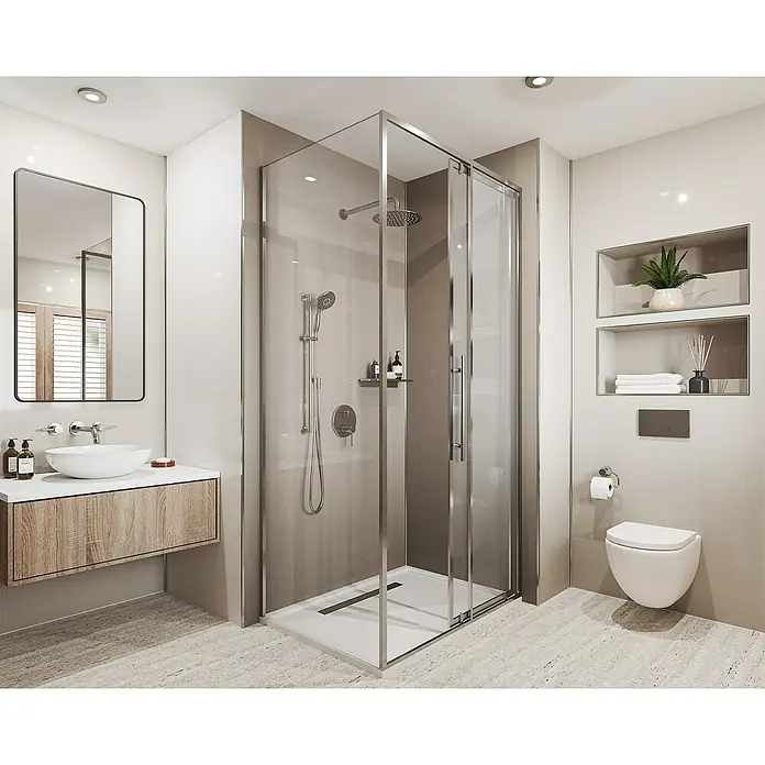 Wetwall Wandpaneel Alloy - 60 x 244 cm, Terra Grey / Seabreeze Green - Modernes Badezimmer mit begehbarer Dusche, Waschtisch mit Holzstruktur und Wand-WC. Elegantes Design für ein entspannendes Ambiente.