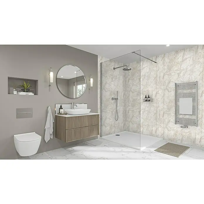 Wetwall Wandpaneel Elite - 16 x 242 cm, Himalayan Marble, Abgerundete Kante - Elegantes Badezimmer-Interieur mit einer modernen Waschtischkombination, einer runden Spiegel und einer stilvollen Duschkabine. Handtuchwärmer sorgt für Komfort.