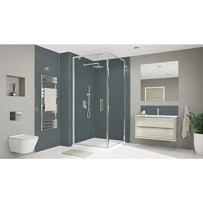 Wetwall Wandpaneel Alloy - 60 x 244 cm, Malibu Grey / Storm Blue - Elegantes Badezimmerdesign mit moderner Duschkabine, Waschtisch und Toilette in stilvollem Grau und Chrom.