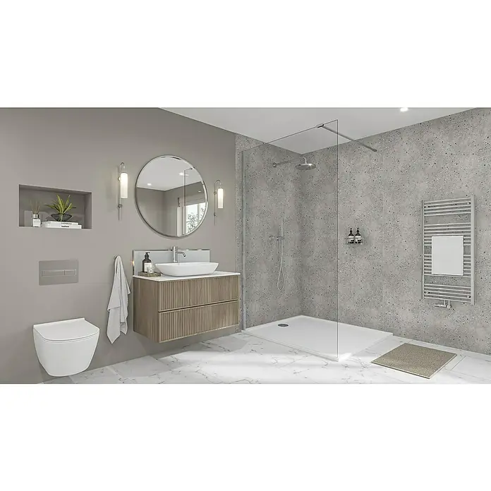 Wetwall Wandpaneel Elite - 16 x 242 cm, Pewter Terrazzo, Abgerundete Kante - Ein modernes Badezimmer mit einem freistehenden Waschbecken, einer begehbaren Dusche und einem minimalistischen Design für eine entspannende Atmosphäre.