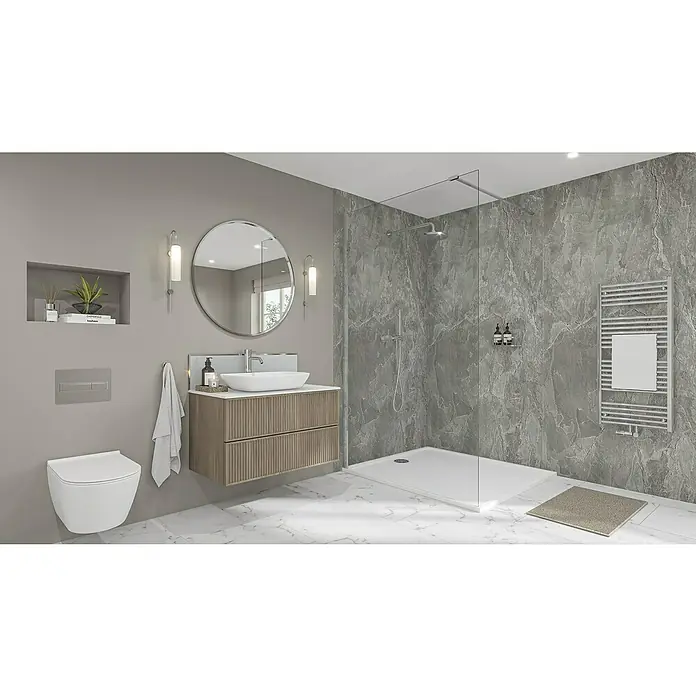 Wetwall Wandpaneel Elite - 16 x 242 cm, Scafell Slate, Abgerundete Kante - Modernes Badezimmer mit einem stilvollen Waschtischunterschrank, einer runden Spiegelfläche und einer begehbaren Dusche.