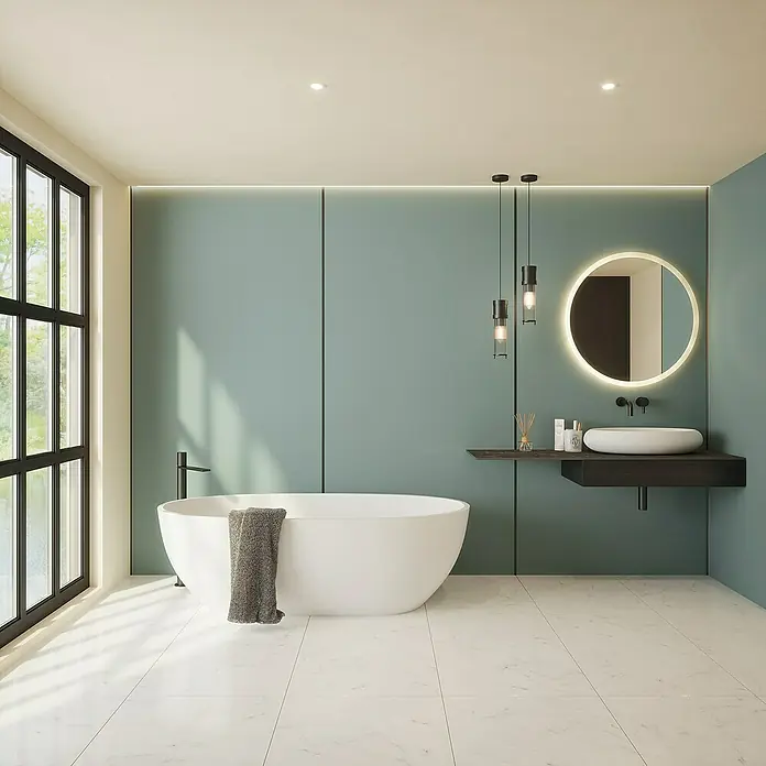 Wetwall Wandpaneel Alloy - 60 x 244 cm, Glacier White / Neptune Blue - Elegantes Badezimmer mit freistehender Badewanne, Waschtisch und modernem Spiegel mit Beleuchtung.