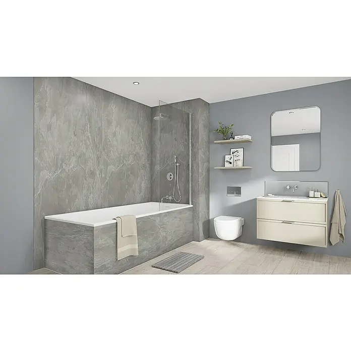 Wetwall Wandpaneel Elite - 16 x 242 cm, Scafell Slate, Abgerundete Kante - Elegantes Badezimmerdesign mit grauer Marmorverkleidung, moderner Badewanne, Waschtisch und Spiegel für ein stilvolles Ambiente.