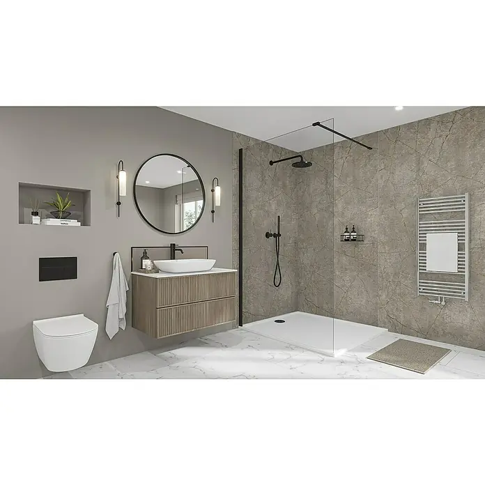 Wetwall Wandpaneel Elite - 16 x 242 cm, Gold Stone, Abgerundete Kante - Stilvolles Badezimmer-Interieur mit modernem Waschtisch, runder Spiegel, begehbarer Dusche und Wand-WC. Elegantes Design für ein luxuriöses Ambiente.