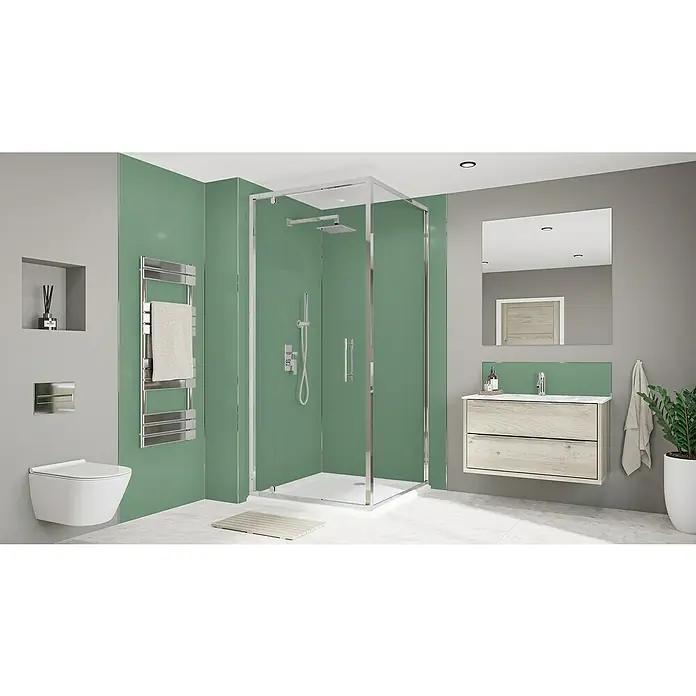 Wetwall Wandpaneel Alloy - 122 x 244 cm, Seafoam Green / Battleship Grey - Modernes Badezimmer mit Duschkabine, Waschtisch und Toilette in stilvollem Design.