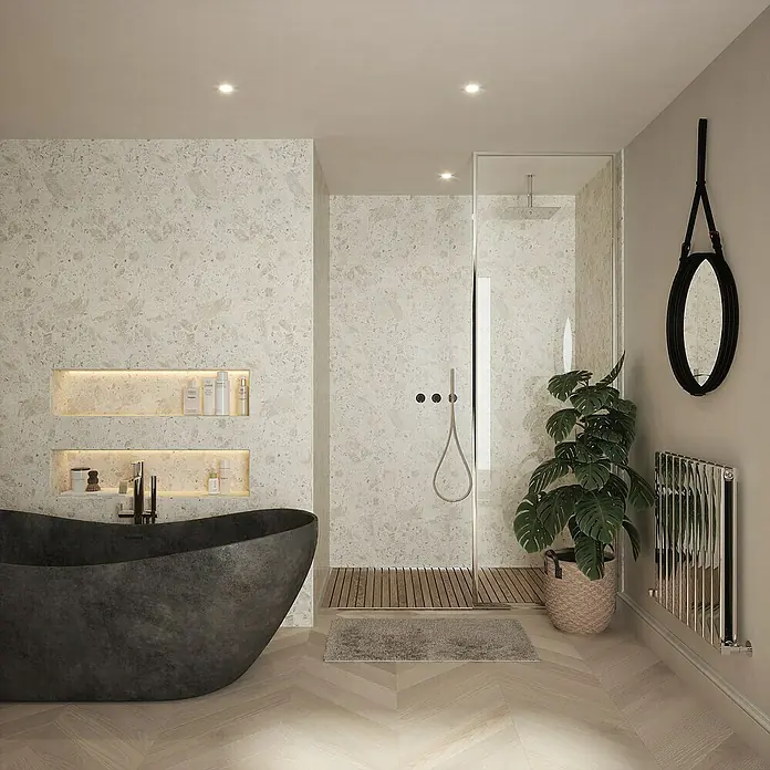 Wetwall Wandpaneel Elite - 16 x 242 cm, Terrazzo Rock, Abgerundete Kante - Elegantes Badezimmer mit freistehender Badewanne, begehbarer Dusche und stilvoller Dekoration. Die harmonische Farbpalette schafft eine entspannende Atmosphäre.