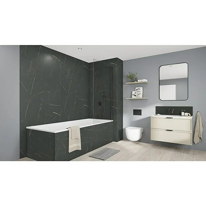 Wetwall Wandpaneel Elite - 16 x 242 cm, Marbre Celeste, Abgerundete Kante - Stilvolles Badezimmer mit Badewanne, Marmorwand und modernem Waschbecken. Das Interieur besticht durch schlichte Eleganz und Funktionalität.