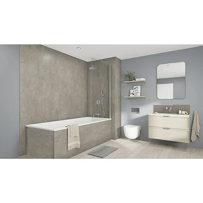 Wetwall Wandpaneel Elite - 16 x 242 cm, Gold Stone, Abgerundete Kante - Modernes Badezimmer mit Badewanne, Toilette und Waschtisch in Beige. Die graue Marmoroptik verleiht dem Raum Eleganz und Stil.