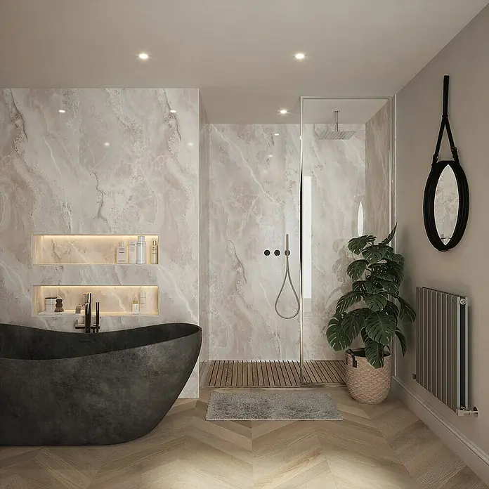 Wetwall Wandpaneel Elite - 16 x 242 cm, Onyx Grey, Abgerundete Kante - Elegantes Badezimmer mit freistehender Badewanne, begehbarer Dusche und modernen Designelementen für ein luxuriöses Ambiente.