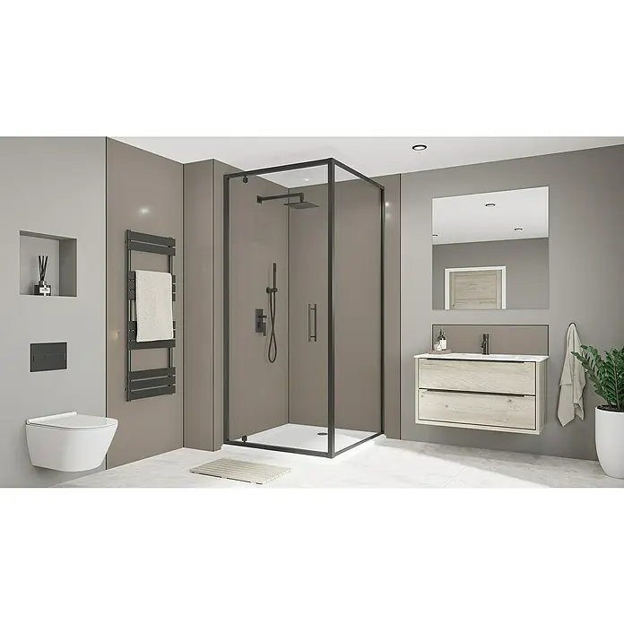 Wetwall Wandpaneel Alloy - 60 x 244 cm, Terra Grey / Seabreeze Green - Modernes Badezimmer-Interieur mit einer eleganten, schwarzen Duschkabine, einem hängenden Waschtisch und einer stilvollen Toilette für ein luxuriöses Ambiente.