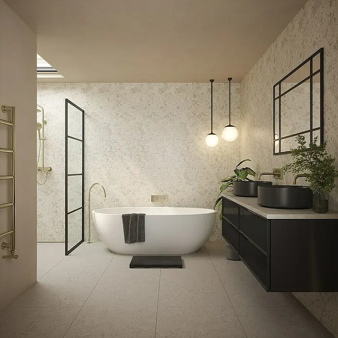 Wetwall Wandpaneel Elite - 16 x 242 cm, Terrazzo Rock, Abgerundete Kante - Modernes Badezimmer mit freistehender Badewanne, Doppelwaschtisch und stilvoller Beleuchtung für ein luxuriöses Ambiente.