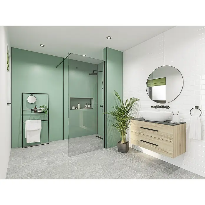 Wetwall Wandpaneel Alloy - 122 x 244 cm, Seafoam Green / Battleship Grey - Modernes Badezimmer mit Waschbeckenunterschrank, runden Spiegel und begehbarer Dusche für ein stilvolles Ambiente.