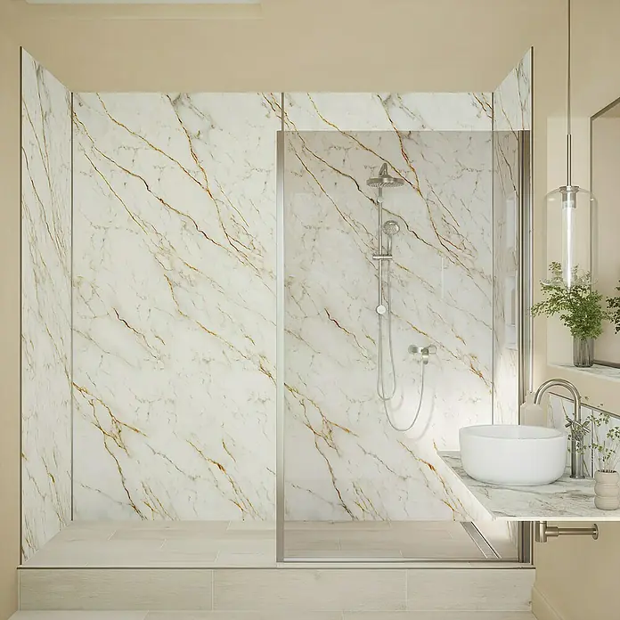 Wetwall Wandpaneel Alloy - 122 x 244 cm, Norris Marble - Ein luxuriöses Badezimmer mit einer marmorierten Duschwand, einem modernen Waschbecken und stilvoller Beleuchtung. Elegantes Baddesign mit hochwertigen Materialien.