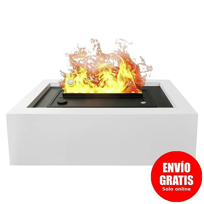 Purline Chimenea eléctrica Firecool Table W - Blanco, 60 W, 26 x 51 x 15 cm - Esta imagen muestra una elegante chimenea de mesa blanca, perfecta para crear un ambiente cálido y acogedor.