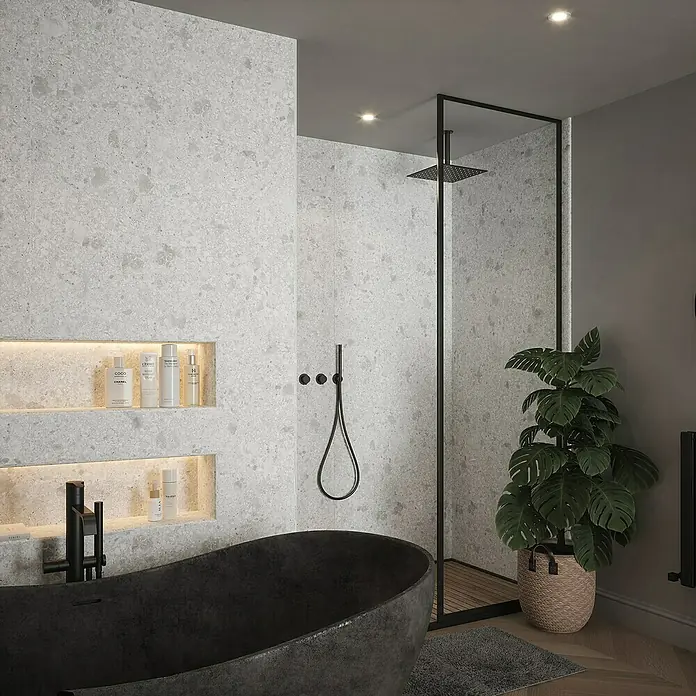 Wetwall Wandpaneel Elite - 16 x 242 cm, Terrazzo White, Abgerundete Kante - Edles Badezimmerdesign mit freistehender Badewanne, moderner Duschkabine und stilvoller Wandgestaltung für ein luxuriöses Ambiente.
