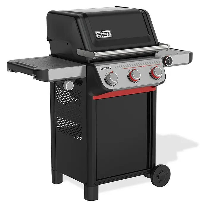 Weber Spirit Gasgrill EX-335 - Grillfläche (B x T): 52 x 44 cm, 9,1 kW, Anzahl Brenner: 3 Stk. - Das Bild zeigt einen schwarzen Weber Spirit Gasgrill. Der Grill verfügt über drei Brenner und eine praktische Seitenablage für zusätzlichen Komfort.