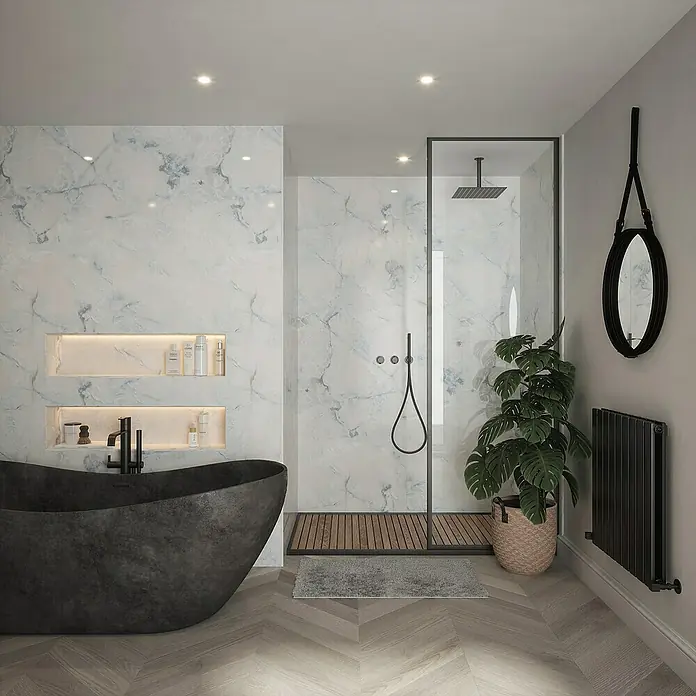 Wetwall Wandpaneel Elite - 16 x 242 cm, Onyx Oro, Abgerundete Kante - Stilvolles Badezimmer mit freistehender Badewanne, begehbarer Dusche und modernen Armaturen in Schwarz. Elegantes Design für Entspannung.