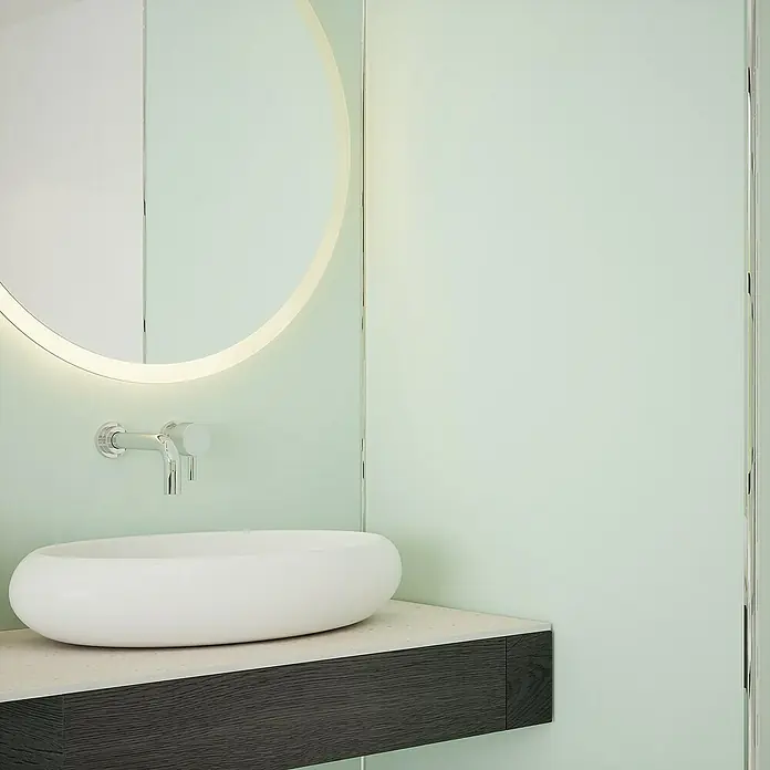 Wetwall Wandpaneel Alloy - 60 x 244 cm, Terra Grey / Seabreeze Green - Modernes Badezimmer-Waschbecken mit runder Spiegelbeleuchtung für eine elegante und funktionale Badgestaltung.