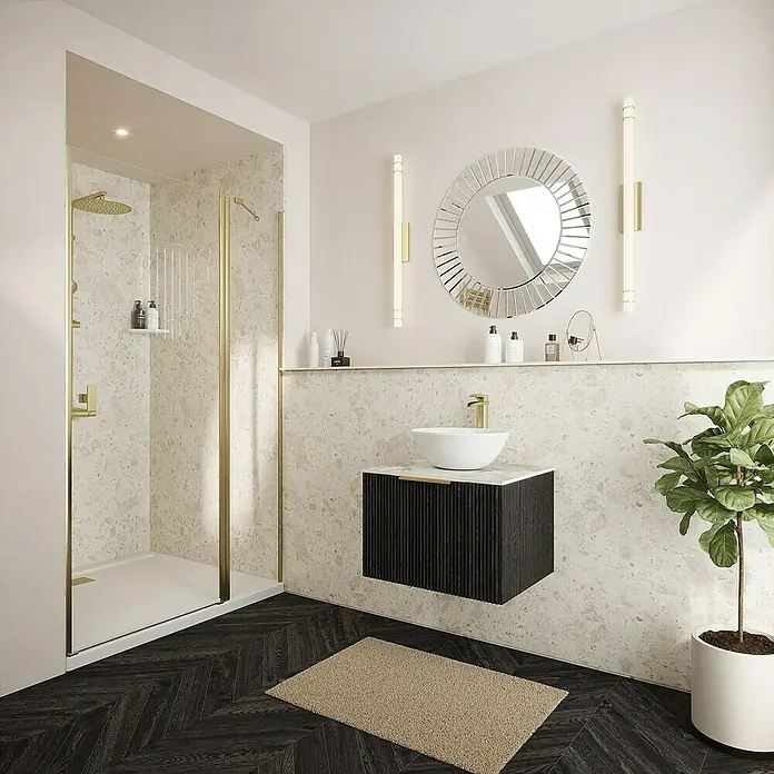 Wetwall Wandpaneel Elite - 16 x 242 cm, Terrazzo Rock, Abgerundete Kante - Stilvolles Badezimmer mit Dusche und modernem Waschtisch. Der runde Spiegel und die Beleuchtung setzen elegante Akzente im Raum.