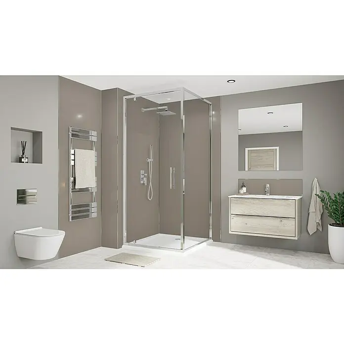 Wetwall Wandpaneel Alloy - 60 x 244 cm, Terra Grey / Seabreeze Green - Das Bild zeigt ein modernes Badezimmer mit einer geräumigen Duschkabine, einem Waschtisch und einer Toilette. Die graue Farbpalette sorgt für ein elegantes Ambiente.
