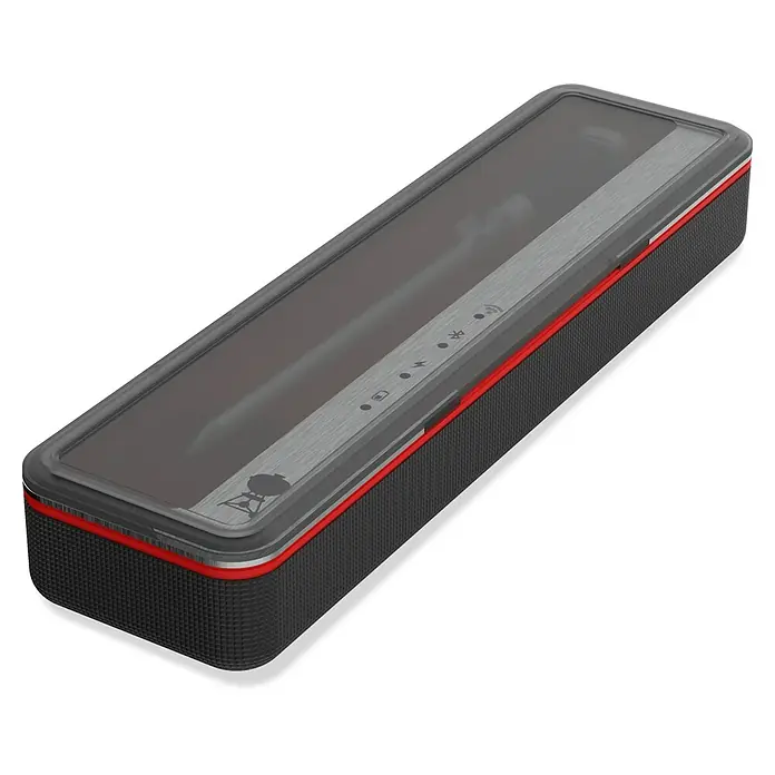 Weber Grill-Thermometer - L x B x H: 15 x 5,1 x 3,8 cm, Schwarz/Silber - Nahaufnahme eines Weber Connect Smart Grills in einer grauen Box mit einem roten Streifen, der die High-Tech-Funktionen hervorhebt.