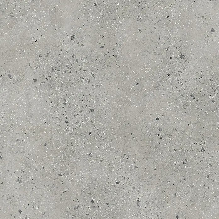 Wetwall Waschtischplatte Vanity Compact - 150 x 60 x 1,2 cm, Pewter Terrazzo - Nahaufnahme einer Terrazzo-Fliese in Grau. Ideal für moderne Bodenbeläge und Wandgestaltungen, bietet robuste und stilvolle Oberflächen.