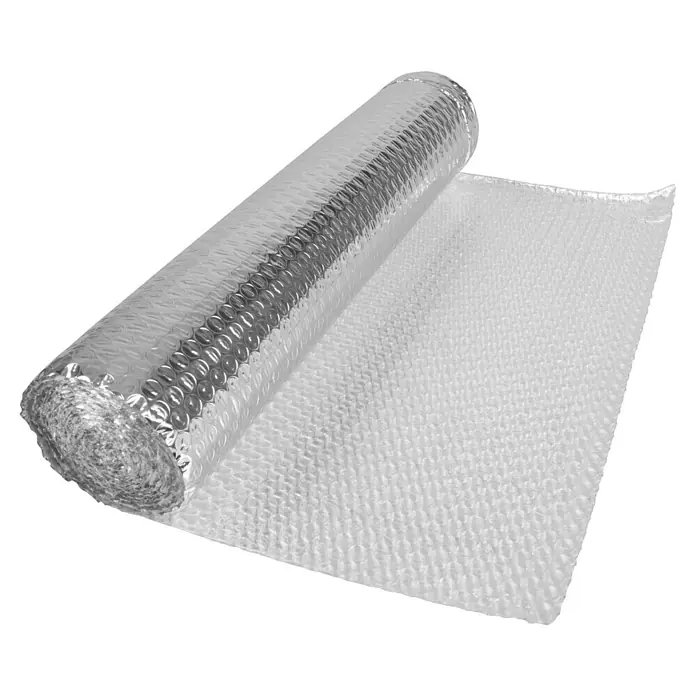 Windhager Kälteschutz - Garten, B x L: 50 x 500 cm, Silber - Eine Rolle silberfarbene Luftpolsterfolie, die teilweise abgerollt ist, um die Blasenstruktur zu zeigen. Sie dient zur Isolierung.