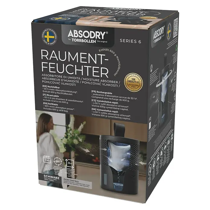 Absodry Duo Family Luftentfeuchter-Set Series 6 - 4 -tlg., Schwarz, Ø x H: 14,5 x 21 cm - Bild einer Absodry Serie 6 Raumentfeuchter Verpackung.