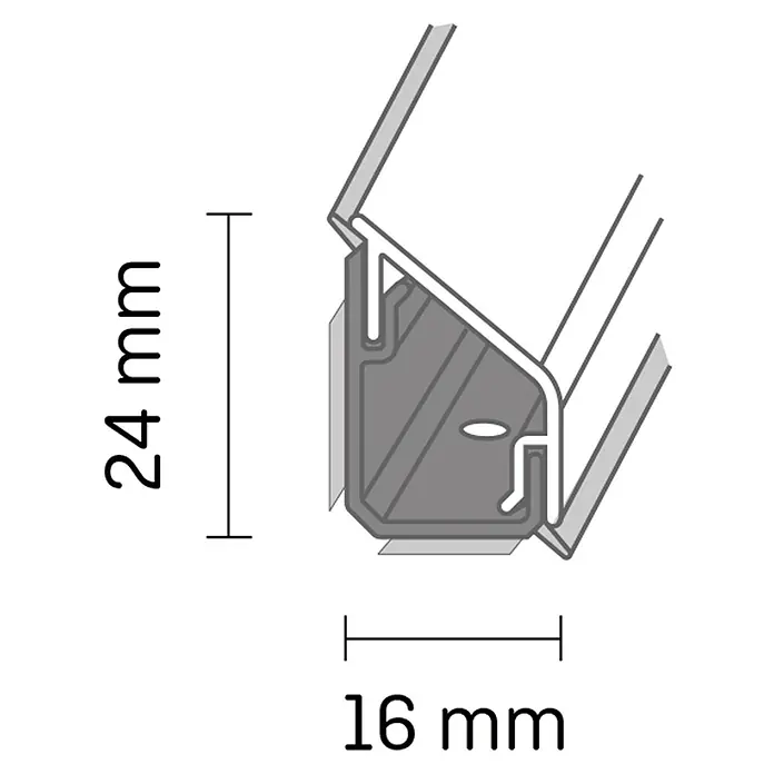 LOGOCLIC Wandabschlussprofil K693 - 63,5 x 1,6 x 2,4 cm, Bronze Granada - Illustration eines Aluminiumprofils mit den Maßen 24 mm Höhe und 16 mm Breite, ideal für verschiedene Konstruktionsanwendungen.