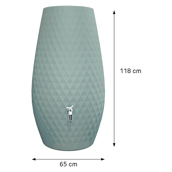Garantia Regenspeicher Triagon 2 in 1 - 230 l, Agave, 1 Stk. - Dekorativer, grauer Regenspeicher mit Hahn und geometrischem Muster, Höhe 118 cm, Durchmesser 65 cm.