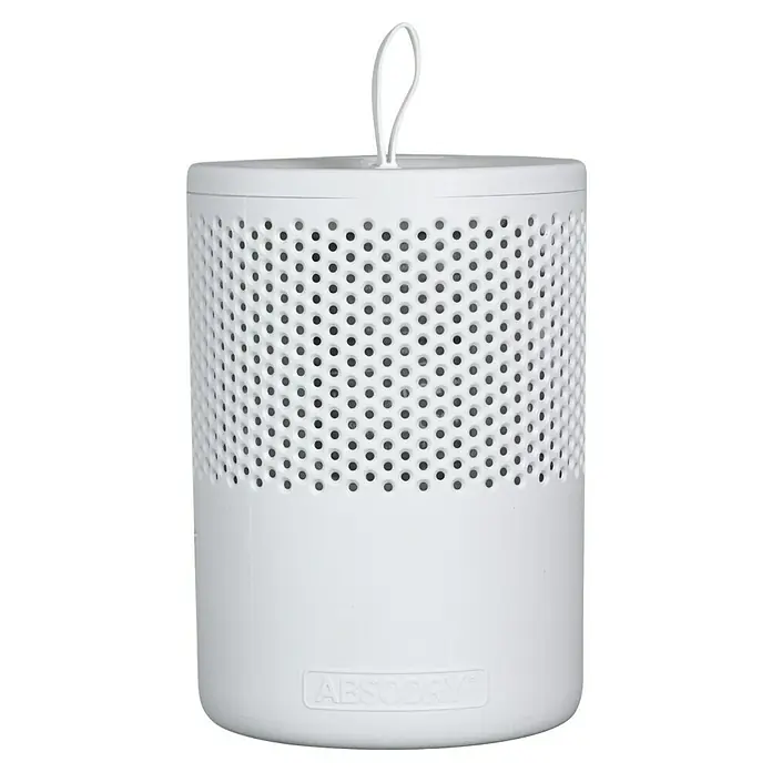Absodry Duo Family Luftentfeuchter Series 6 - Weiß, 1 Mon - 3 Mon - Weißer, zylinderförmiger Raumentfeuchter von ABSODRY mit kleinen Löchern und einem Aufhängeband für eine optimale Luftzirkulation.