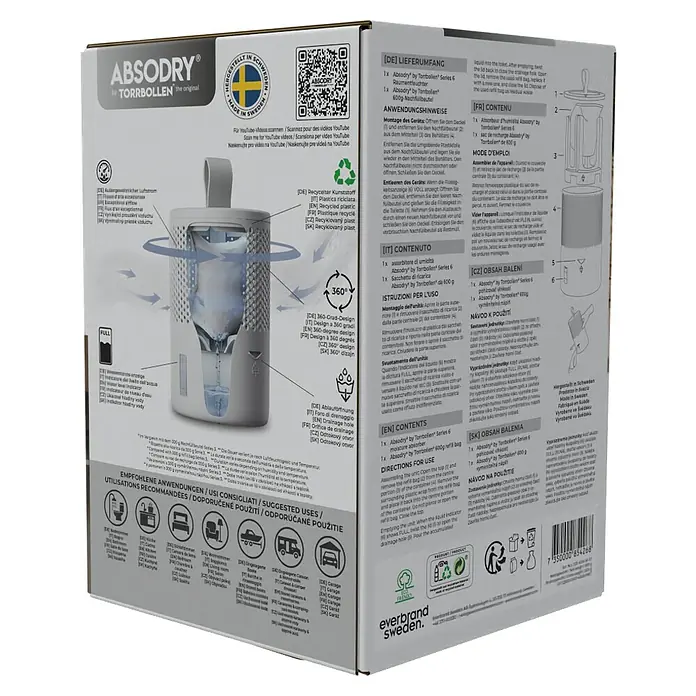 Absodry Duo Family Luftentfeuchter Series 6 - Weiß, 1 Mon - 3 Mon - Produktverpackung von ABSODRY Torrbollen Luftentfeuchter Serie 6: ein Luftentfeuchter mit 600g Nachfüllbeutel zur Feuchtigkeitsregulierung.