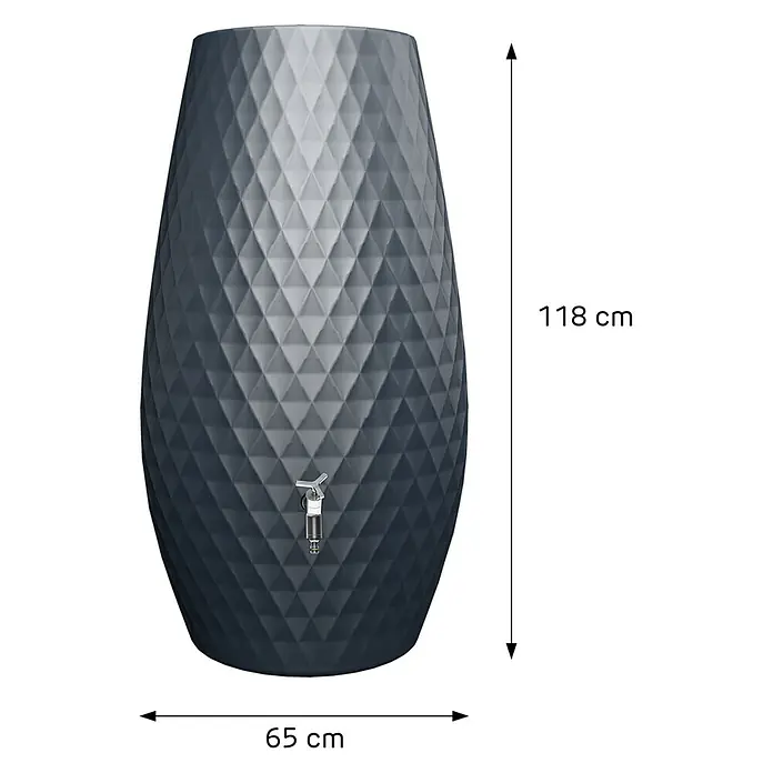 Garantia Regenspeicher Triagon 2 in 1 - 230 l, Graphitgrau, 1 Stk. - Dunkelgraue Regentonne mit geometrischem Muster und Hahn, Maße: 118 cm Höhe, 65 cm Durchmesser.