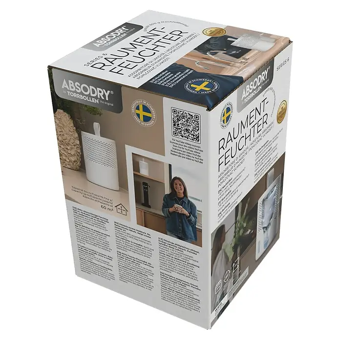 Absodry Duo Family Luftentfeuchter Series 6 - Weiß, 1 Mon - 3 Mon - Produktverpackung des Absodry Raumentfeuchters Series 6 von Torrbollen, mit Hinweisen zu Eigenschaften und Anwendungsbereichen.