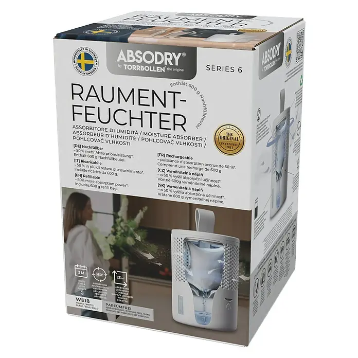 Absodry Duo Family Luftentfeuchter Series 6 - Weiß, 1 Mon - 3 Mon - Absodry Raumentfeuchter Serie 6: Leistungsstarker, nachfüllbarer Feuchtigkeitsabsorber für Räume bis 25m².