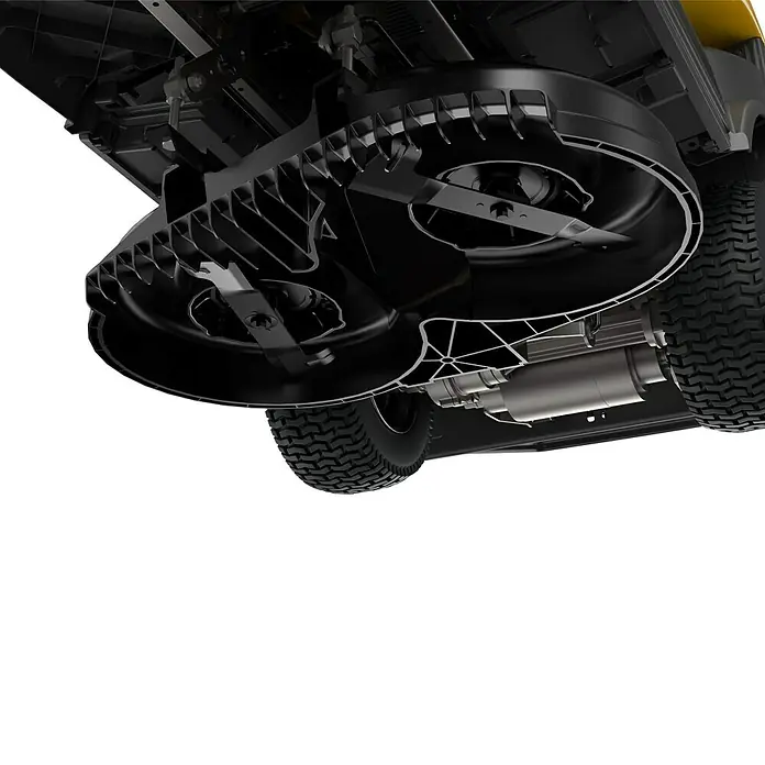 Stiga Akku-Aufsitzmäher SWIFT 372E - 48 V, 5 Ah - 20 Ah, Schnittbreite: 72 mm, Max. Flächenempfehlung: 1.600 m² - Detailansicht des Rasentraktors mit Mähwerk und Reife. Das robuste Design und die scharfen Klingen versprechen effizientes Mähen.